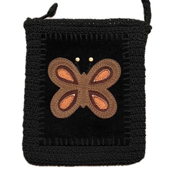 Vintage Handbags - Vintage 90s Y2K Butterfly Crochet Crossbody Bag purse black brown orange leather
